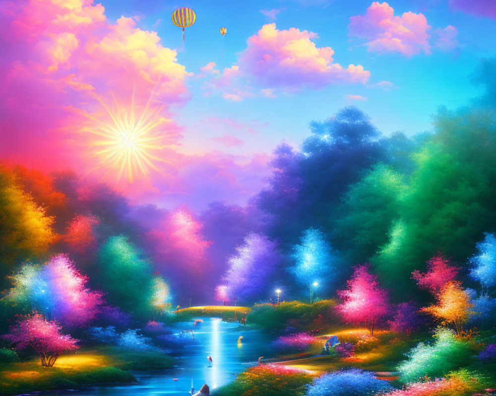 Colorful Landscape with River, Trees, Hot Air Balloons & Sunset