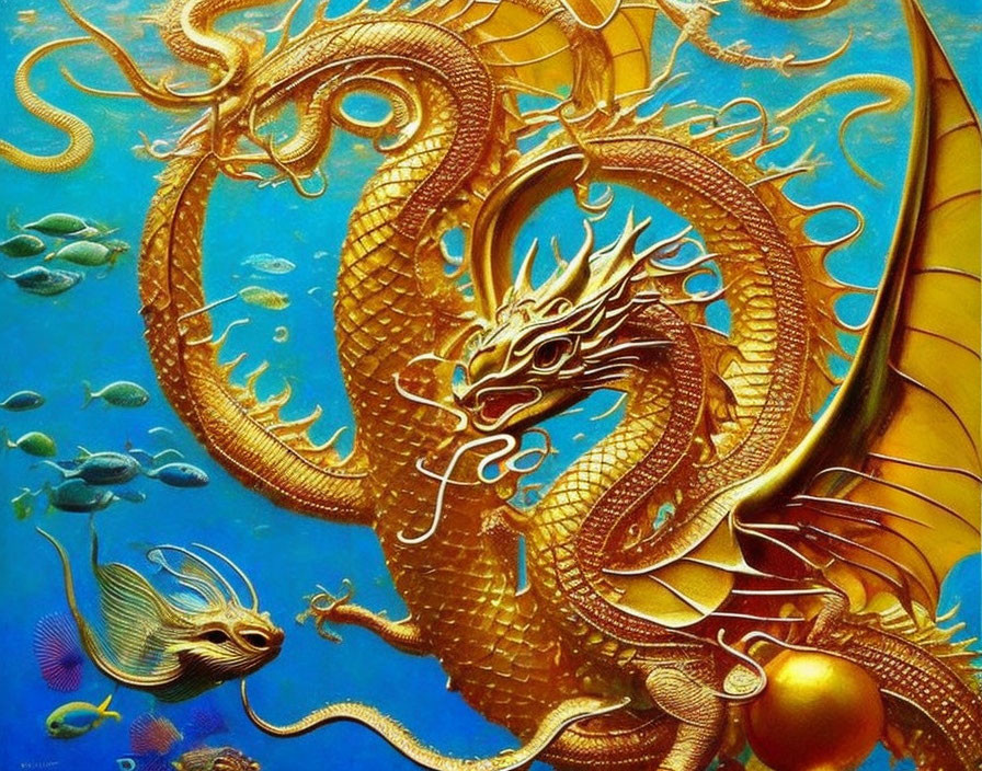 Golden dragon surrounded by blue fish in deep blue aquatic background