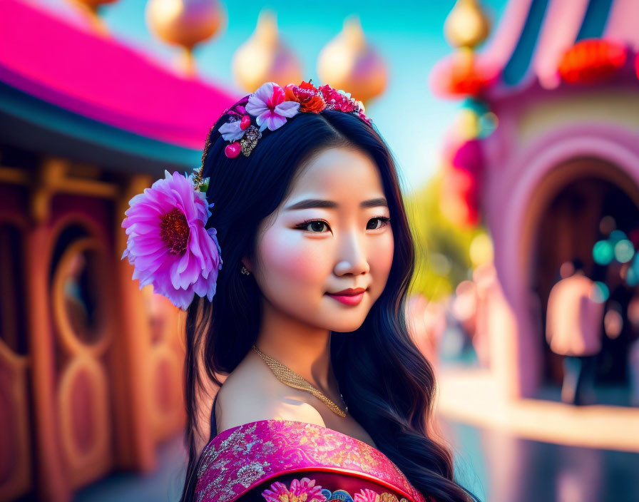 Woman Wearing Floral Headpiece in Fairytale Setting