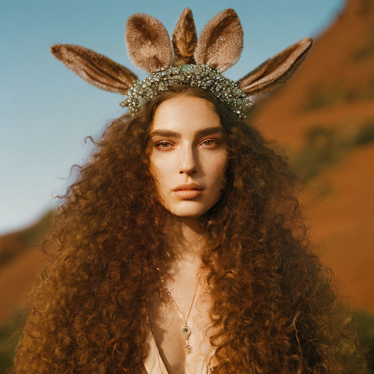 Long curly hair woman in bunny ears headband with necklace against warm backdrop