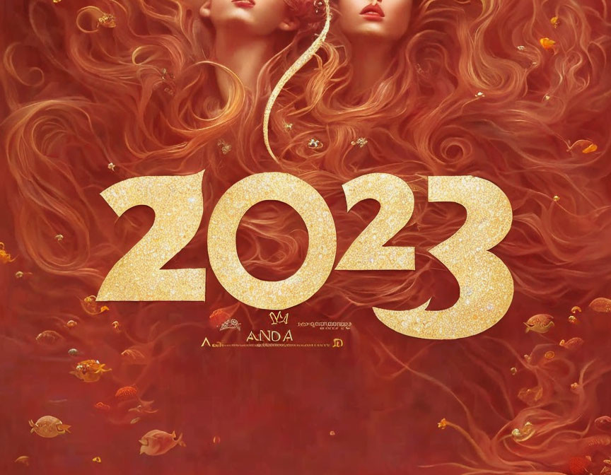 Artistic Image: "Gold Glitter Number '2023' with Red Hair, Goldfish,