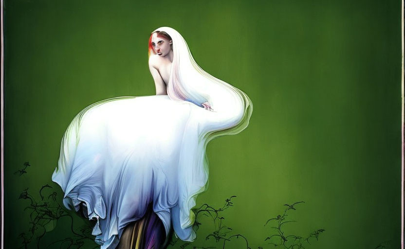 Red-haired woman in flowing white garment against green background