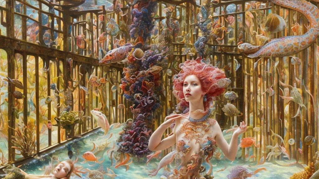 Vibrant underwater scene with woman, coral hair, sea creatures, and marine life.