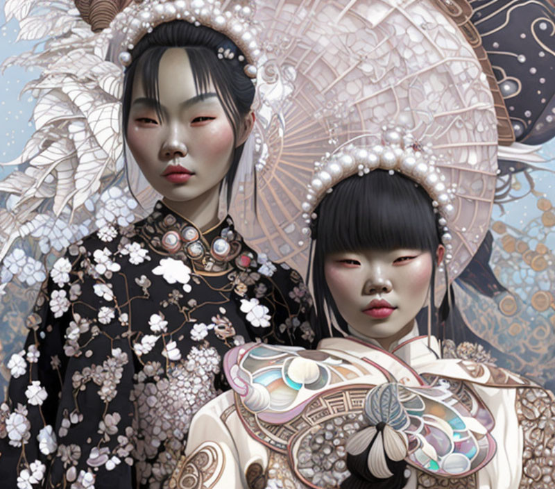 Traditional East Asian attire and ornate hairpieces on two individuals against decorative backdrop