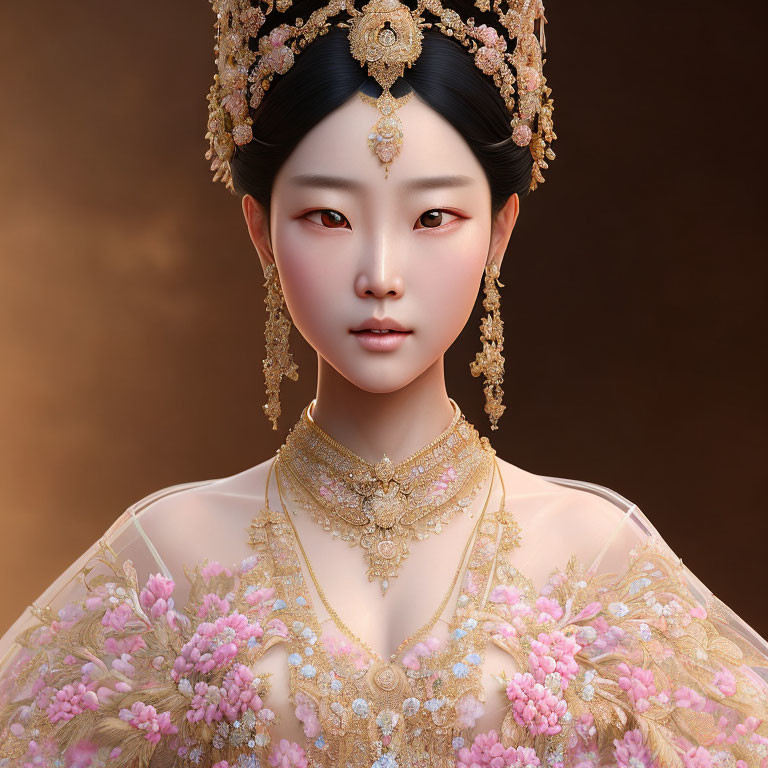Traditional Chinese Bridal Attire with Golden Jewelry and Floral Embroidery