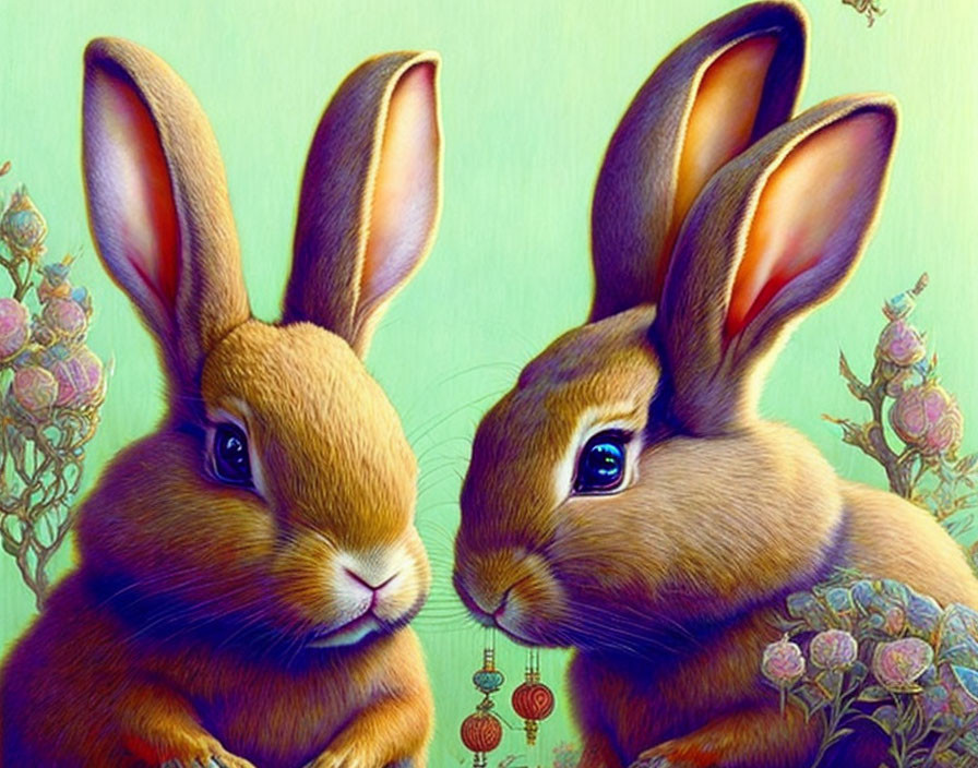 Illustrated rabbits with natural and ornamental details on teal background