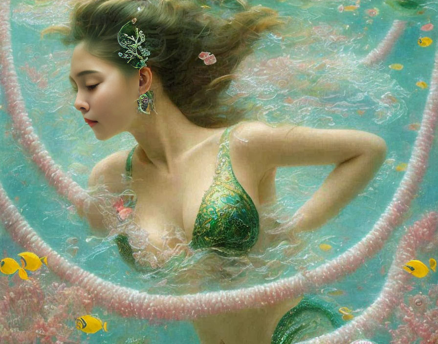 Woman with decorative hairpiece submerged in swirling water with fish