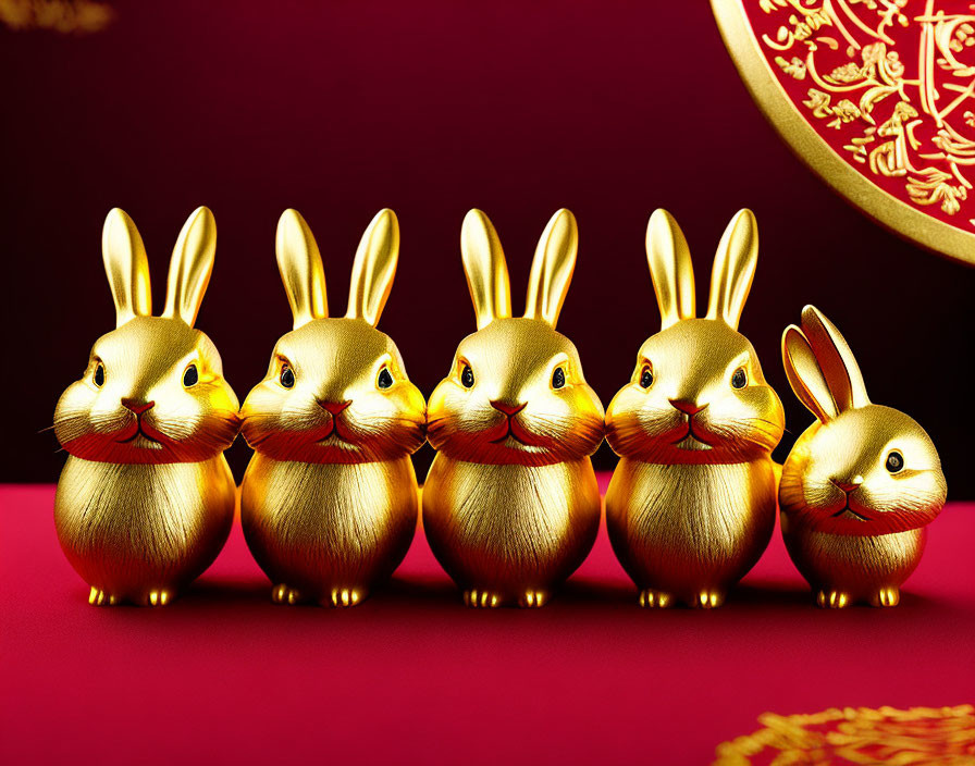 Five Golden Rabbit Figurines in Varying Sizes on Red and Gold Background