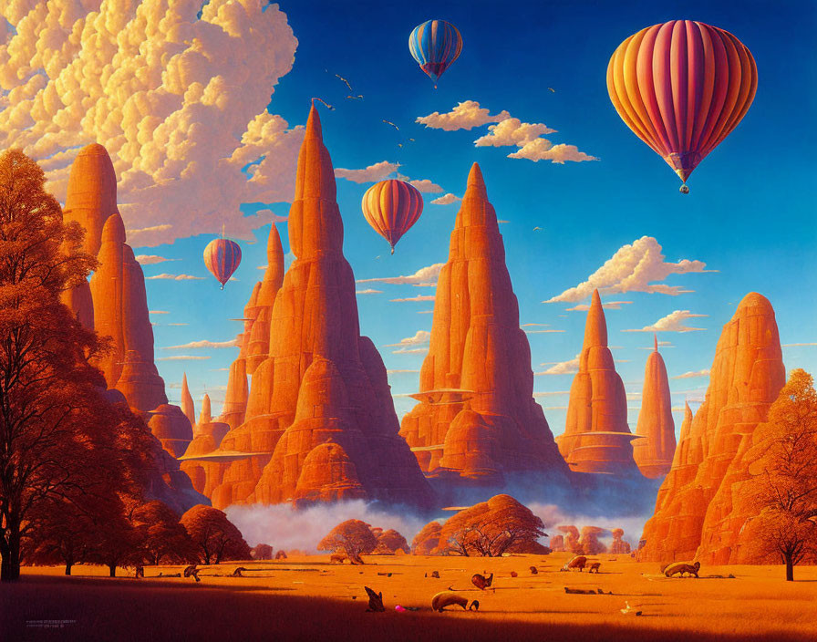 Vibrant surreal landscape with rock formations and hot air balloons
