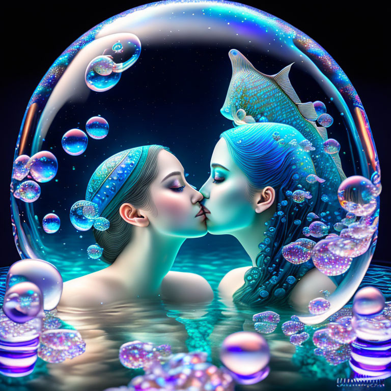 Stylized female figures kissing in bubble with fish and stars