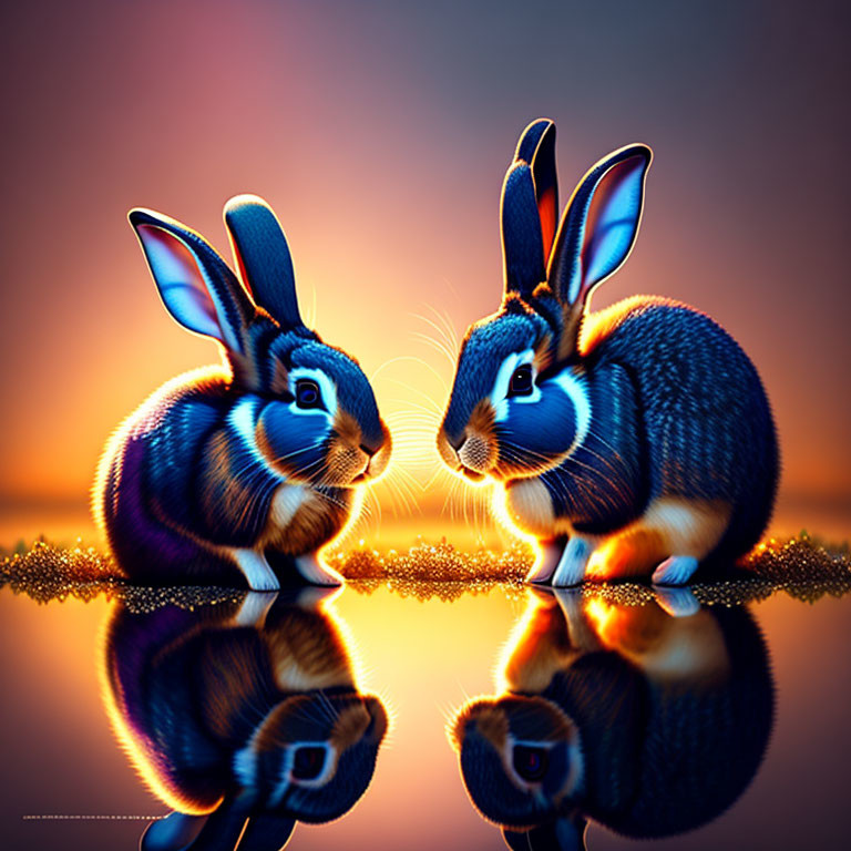 Vibrant illuminated rabbits on glossy surface, orange backdrop