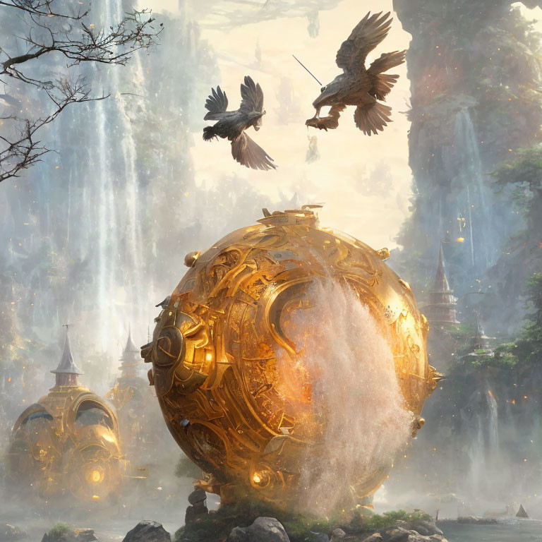 Golden sphere emitting light and smoke in lush landscape
