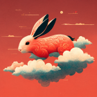 Orange rabbit on fluffy cloud surrounded by colorful spheres in warm-toned setting