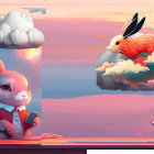 Animated rabbit in purple cloak with blue candy in mystical oriental sunset vista
