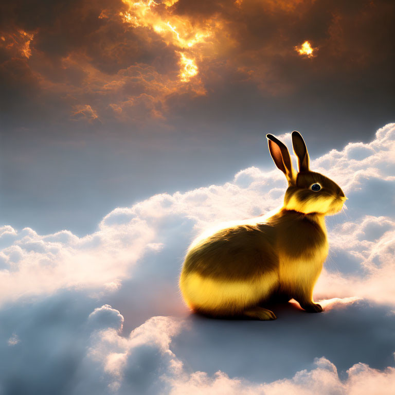 Golden Rabbit on Fluffy Clouds with Dramatic Sky