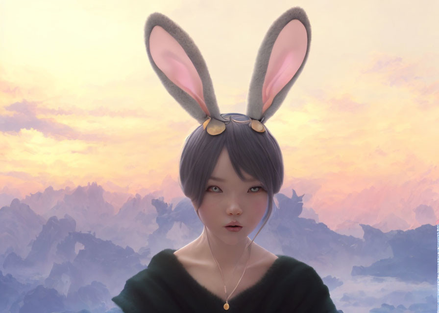 Woman with Bunny Ears and Glasses in Green Top at Dawn/Dusk Sky