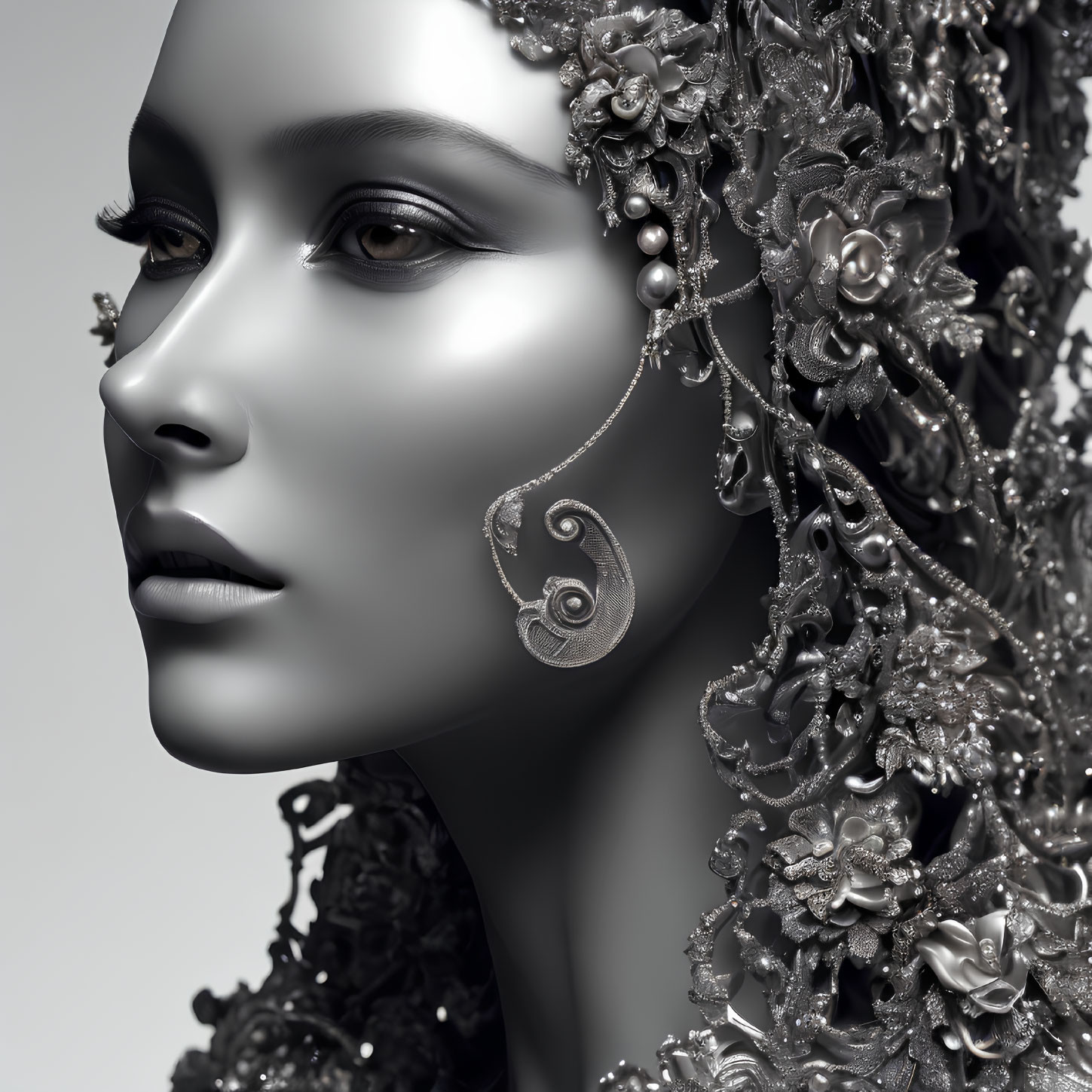 Monochromatic female figure with floral headpiece and jewelry, detailed textures and serene expression