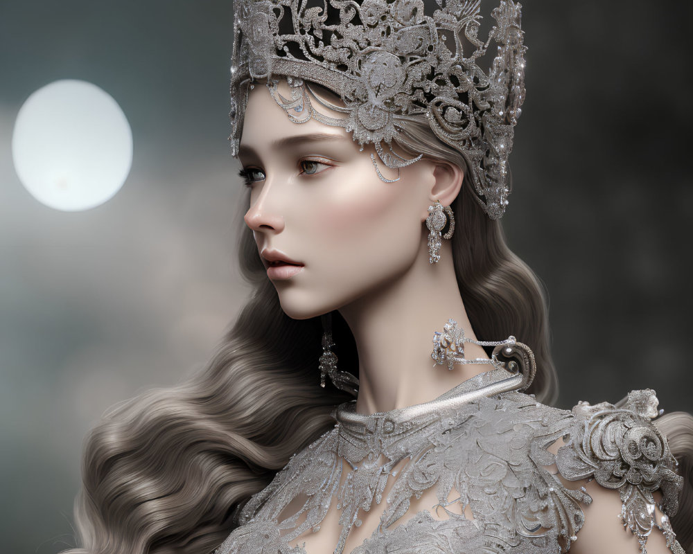 Profile view of woman with intricate silver jewelry and tiara in soft light.