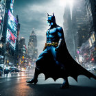 Superhero in dramatic cityscape with iconic costume at dusk