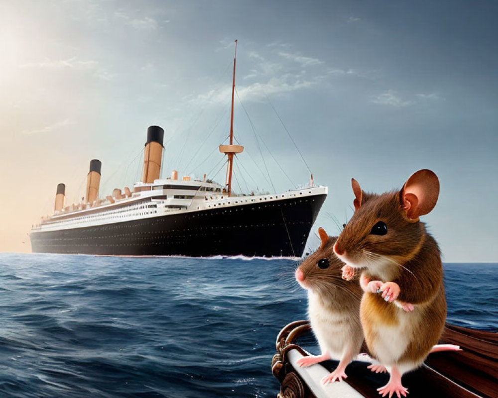 Two Mice on Boat with Titanic-Like Ship Background