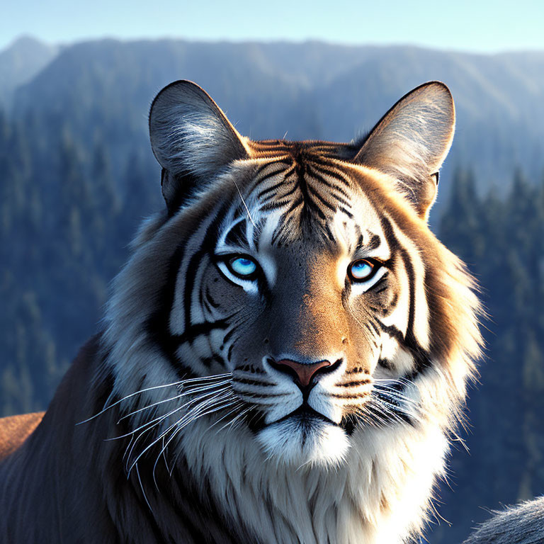 Detailed digital illustration: Tiger with blue eyes in mountain and forest setting
