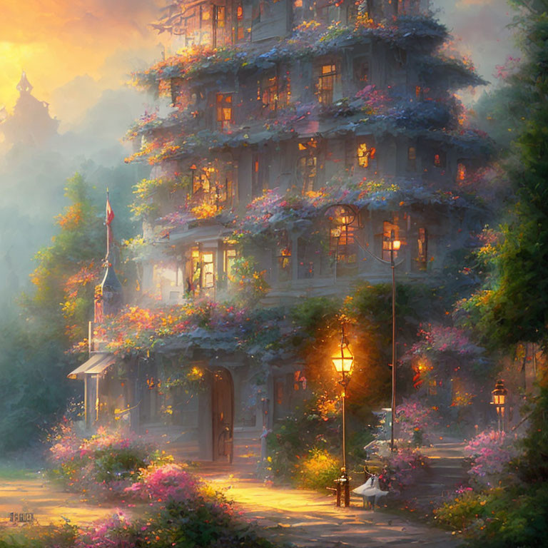 Whimsical multi-story building with lush flowers and ivy in serene, golden-lit setting.