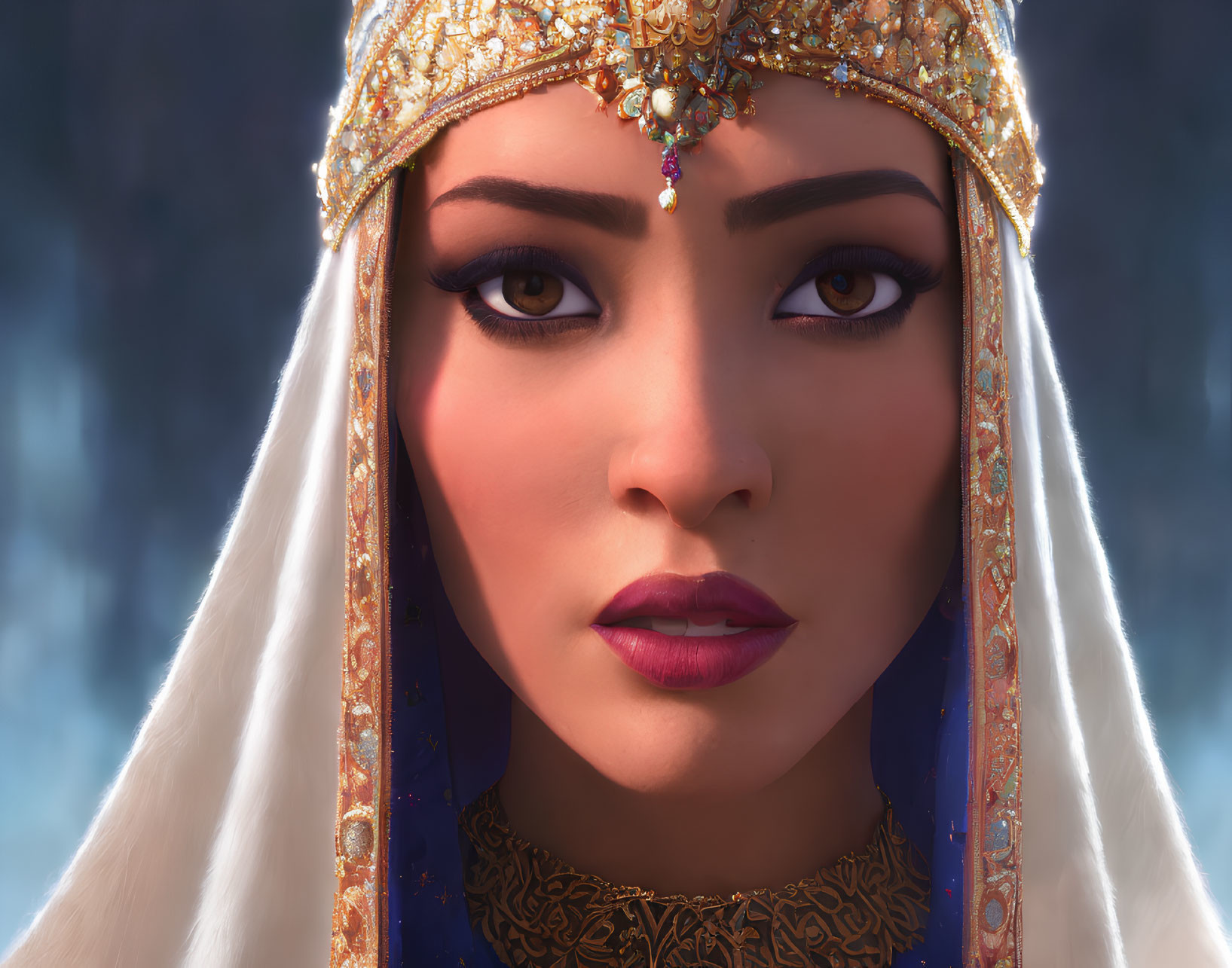 Detailed 3D-animated woman in golden headpiece and blue veil on frosty backdrop