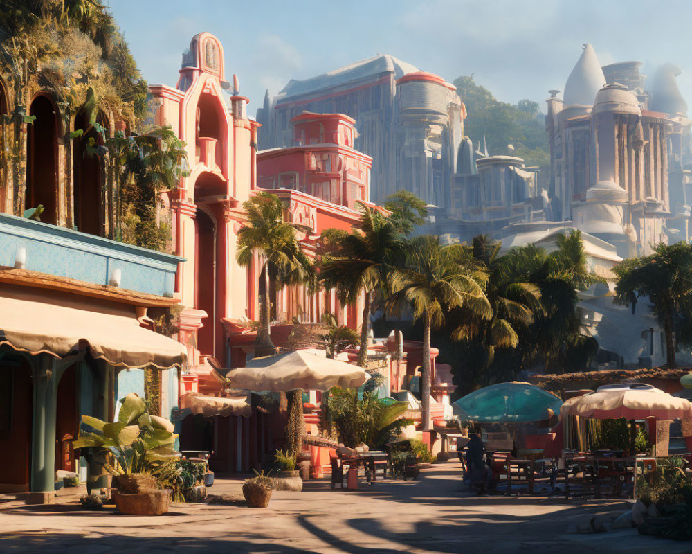 Tranquil street scene with terracotta and sandstone buildings, palm trees, and blue sky