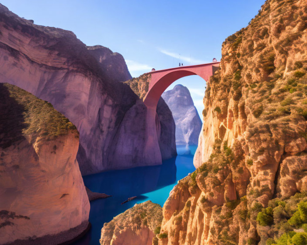 Large Red Arch Bridge Over Deep Canyon with River and Clear Sky