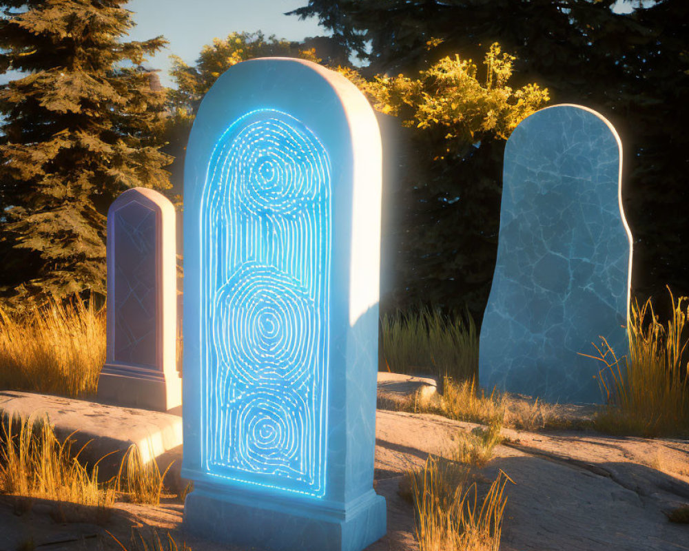 Mystical standing stones with glowing blue runes in forest clearing