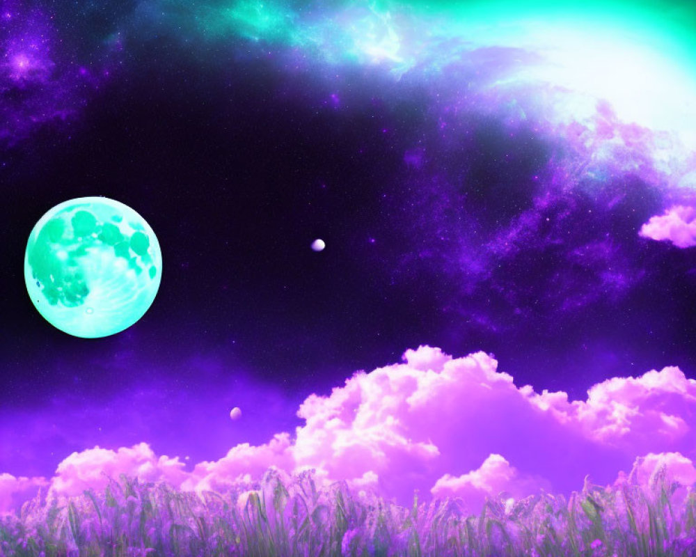 Fantasy landscape with green moon, purple sky, and pink clouds