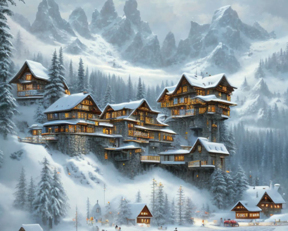 Snowy landscape with chalets and pine-covered mountains at twilight