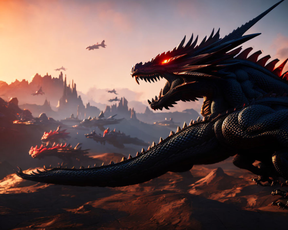 Glowing-eyed dragons on rocky terrain at sunset