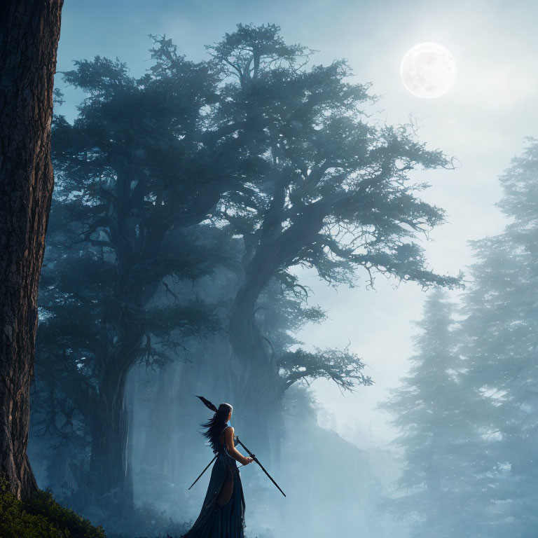 Robed figure with staff gazes at ethereal moon in misty forest