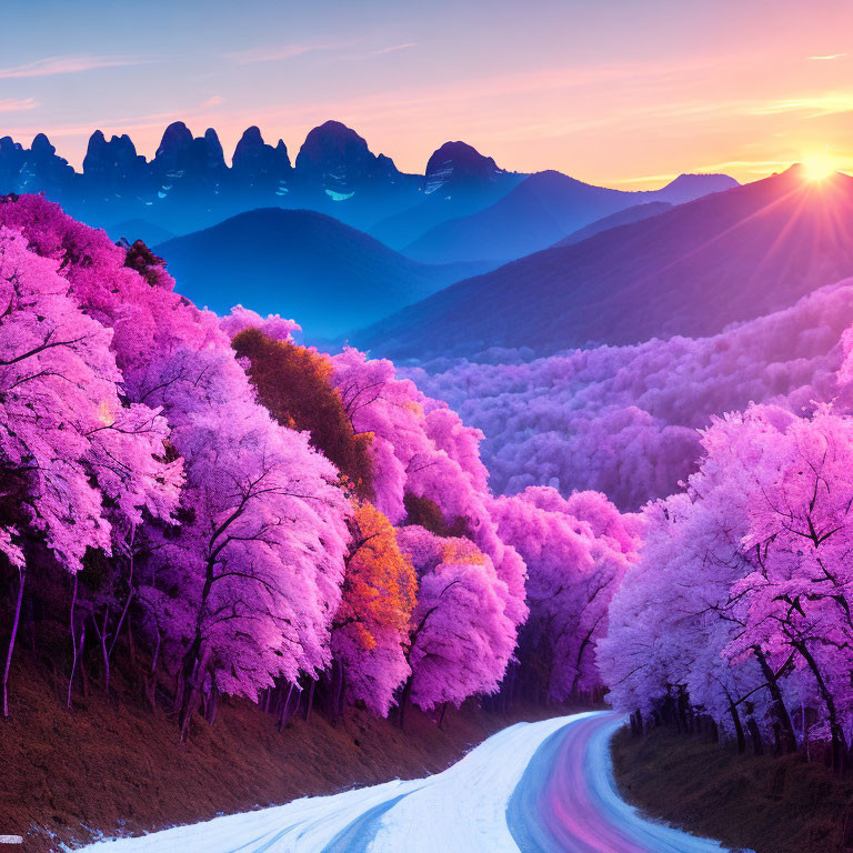 Vibrant sunset scene: colorful forest, pink foliage, winding road, mountain range, vibrant sky