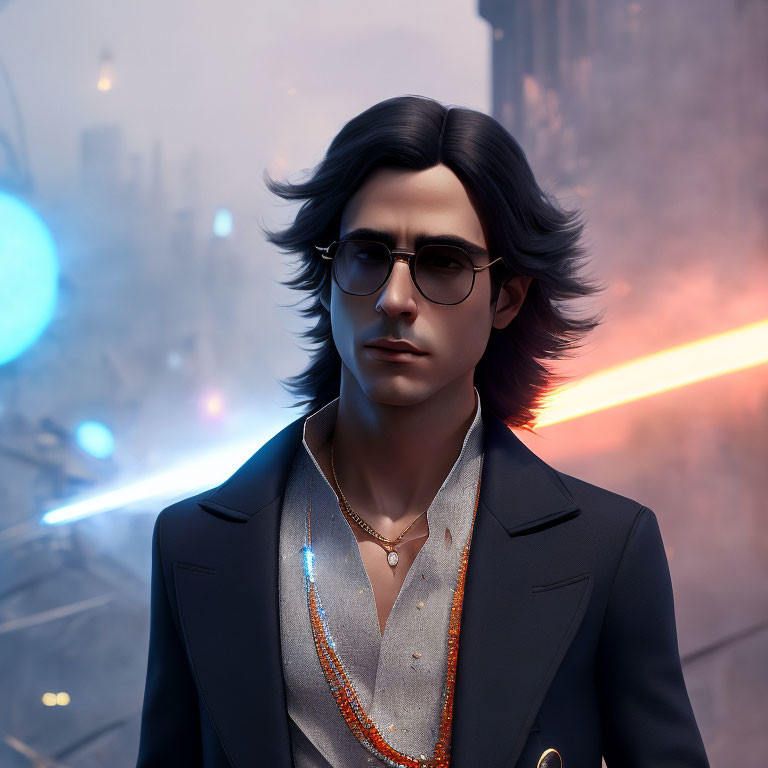Man with Long Hair and Glasses in Suit in Futuristic Cityscape