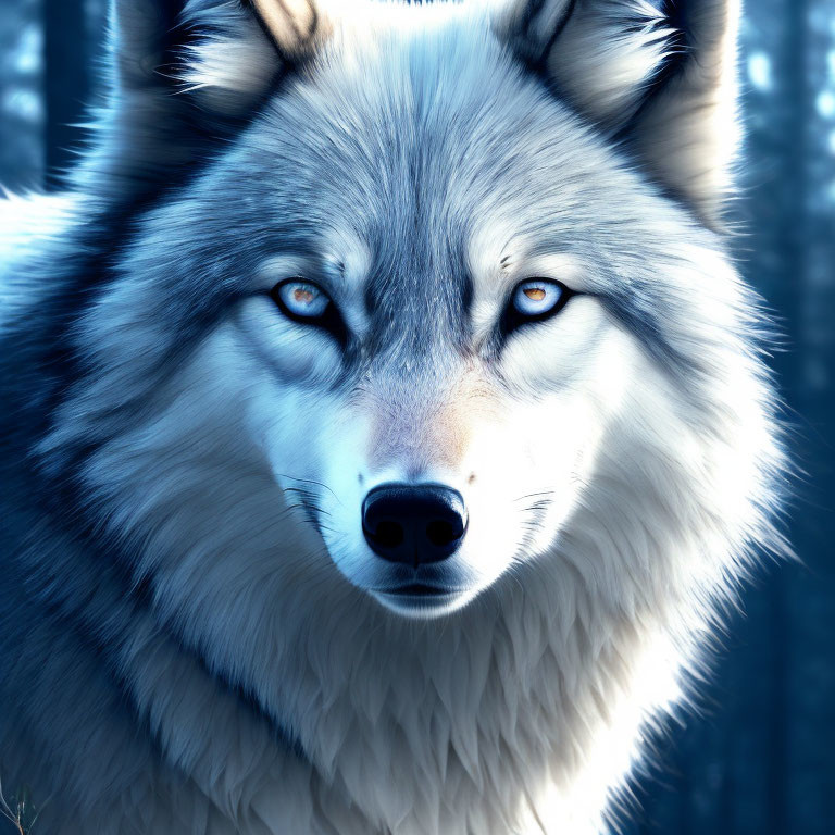 Majestic wolf with orange eyes in forest setting