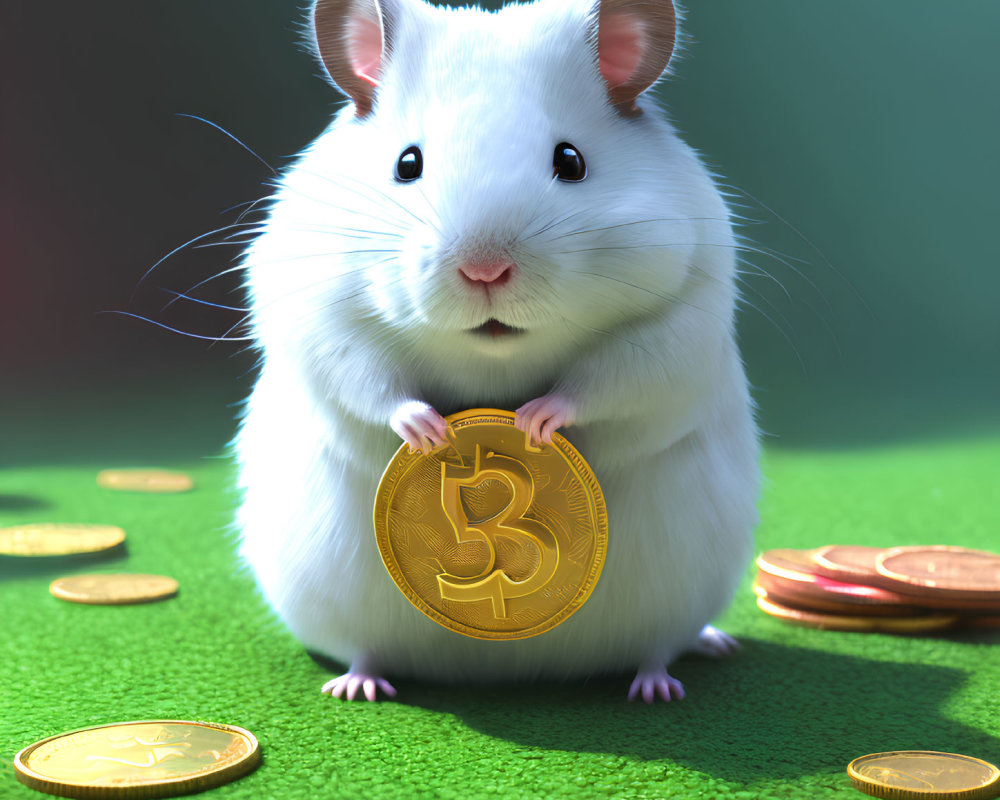 White hamster with gold Bitcoin token and scattered coins on green surface