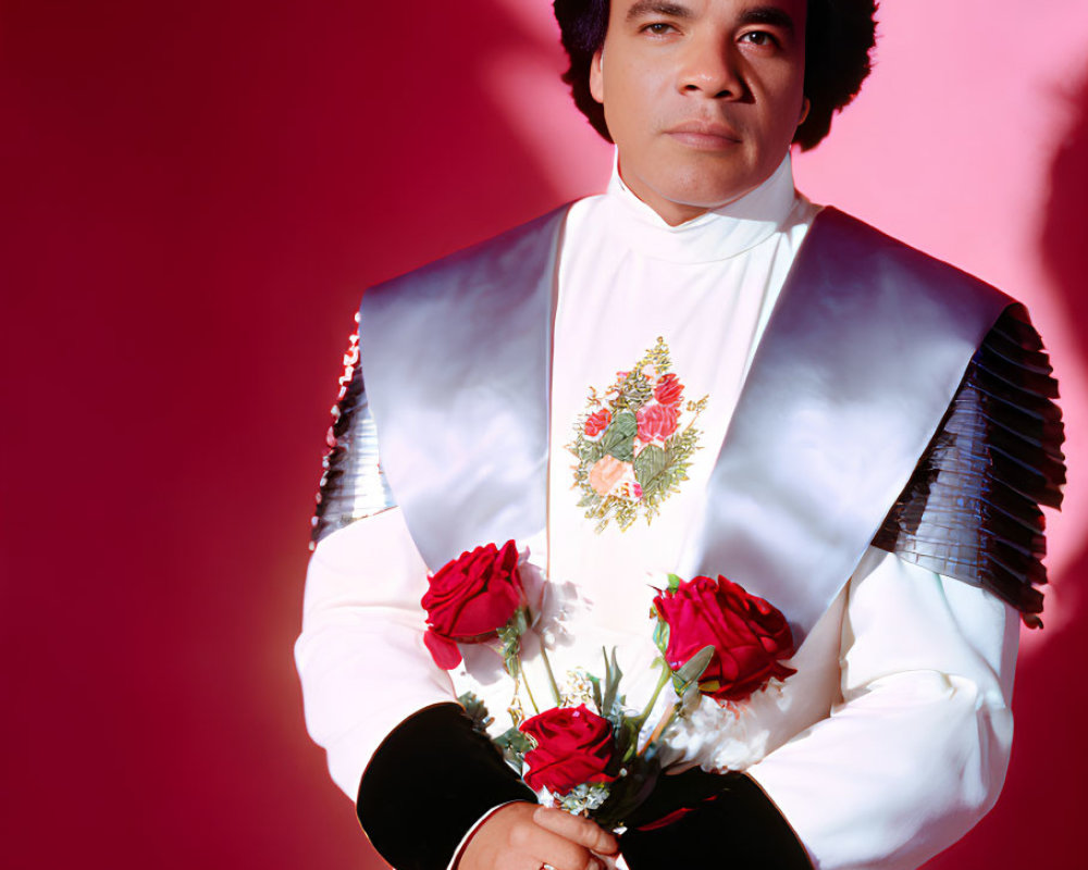 Person in White Suit with Floral Design Holding Red Roses on Red Backdrop