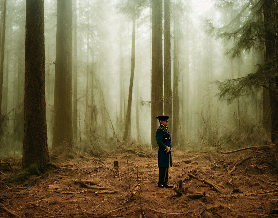 Uniformed individual in foggy forest with tall trees and brown foliage
