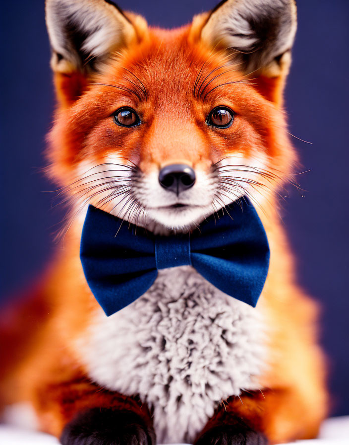 Red fox with piercing eyes and blue bow tie on dark blue background