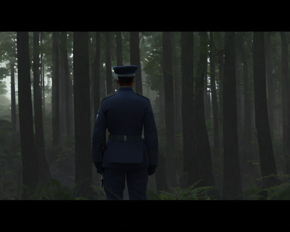 Uniformed person in misty forest with tall trees: Serene and mysterious ambiance
