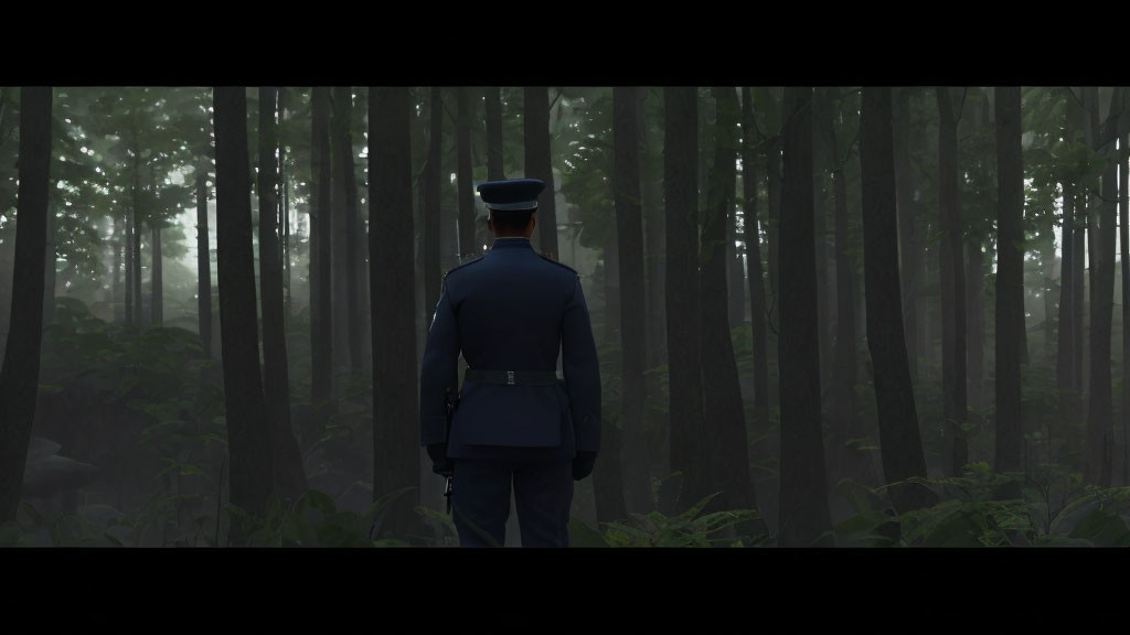 Uniformed person in misty forest with tall trees: Serene and mysterious ambiance