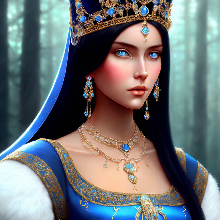 Animated regal woman in blue royal attire with blue eyes and crown in misty forest.