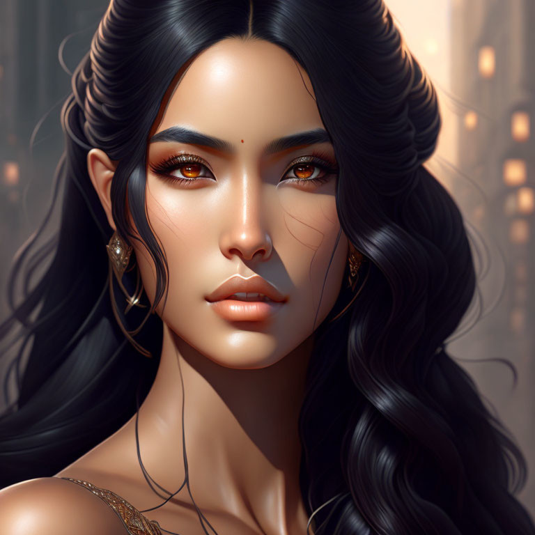 Illustrated woman with dark wavy hair and golden eyes on warm glowing background