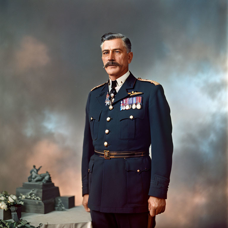 Decorated military man standing with statue and flowers in background