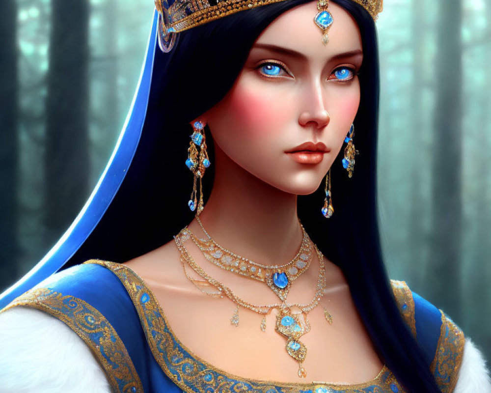 Animated regal woman in blue royal attire with blue eyes and crown in misty forest.