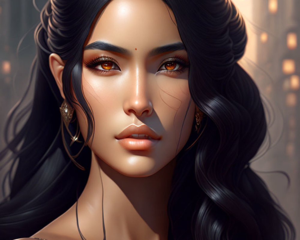 Illustrated woman with dark wavy hair and golden eyes on warm glowing background