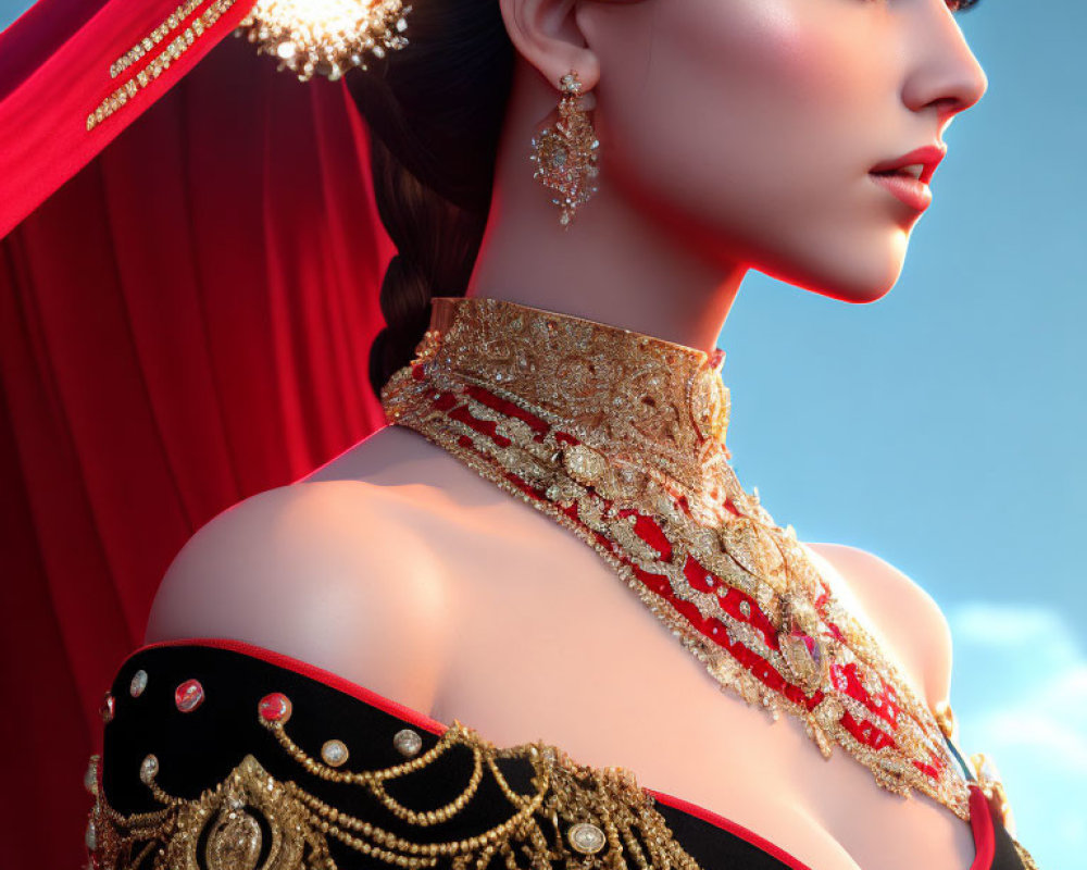 Traditional Indian Attire Woman Portrait with Red Veil & Gold Jewelry