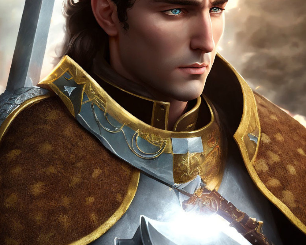 Fantasy knight digital art: blue-eyed warrior in golden-accented armor with fur-collared